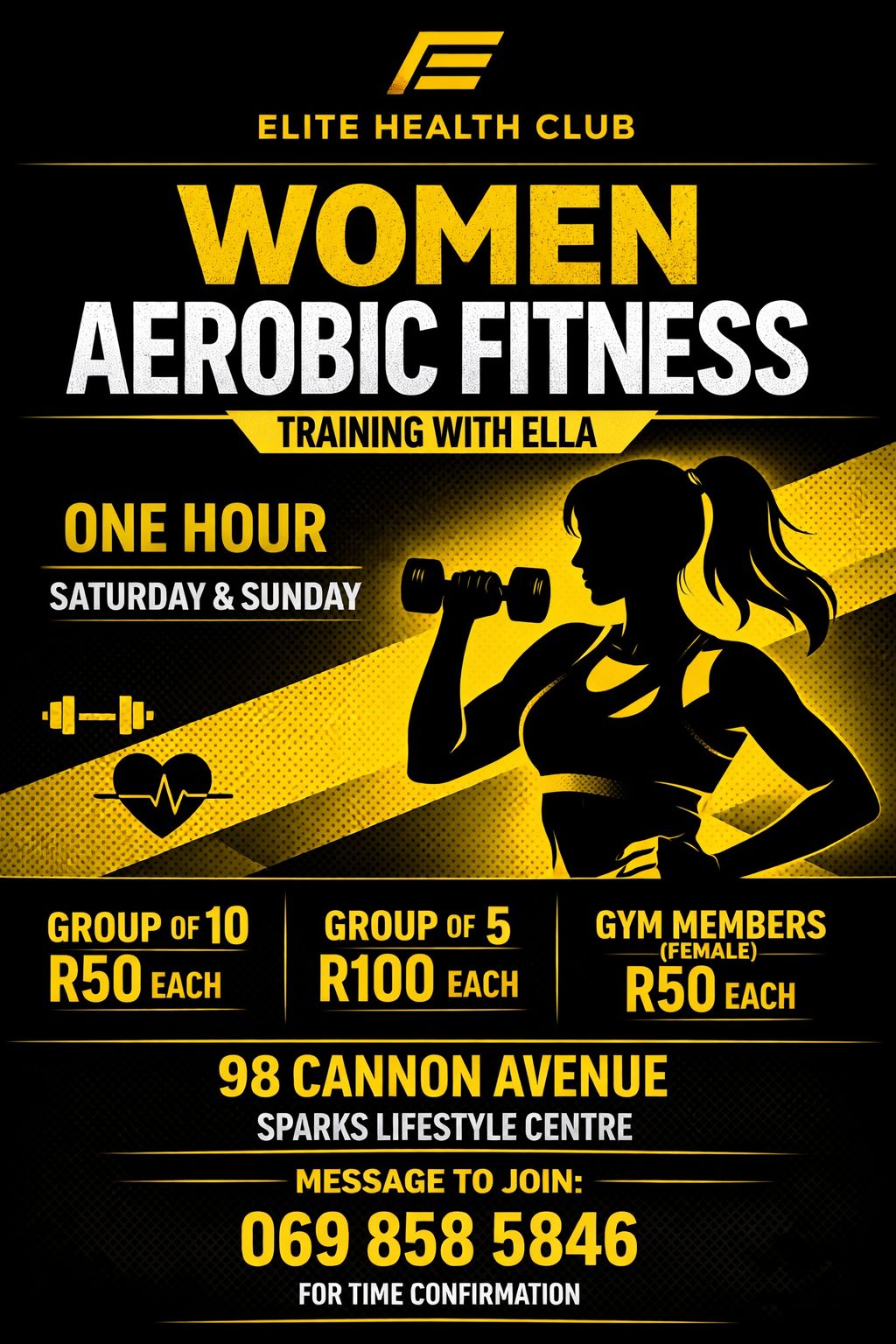 Women Aerobic Fitness with Ella. Saturdays & Sundays. Contact 069 858 5846